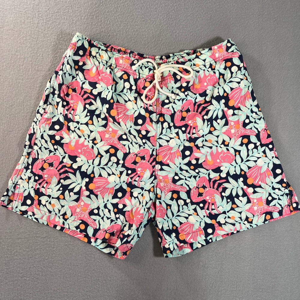 Lilly Pulitzer Mens XL Swim Trunks Pink Blue Crab Starfish Tropical Board Shorts